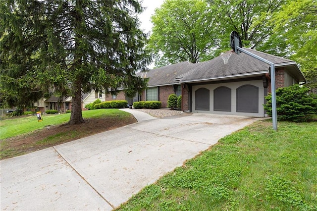 single story home with a front yard, a garage, brick siding, concrete driveway, and a shingled roof