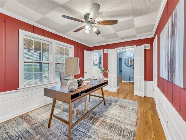 9501 Wornall Rd, Kansas City, MO 64114 - office space featuring light wood-type flooring, visible vents, a ceiling fan, a decorative wall, and ornamental molding