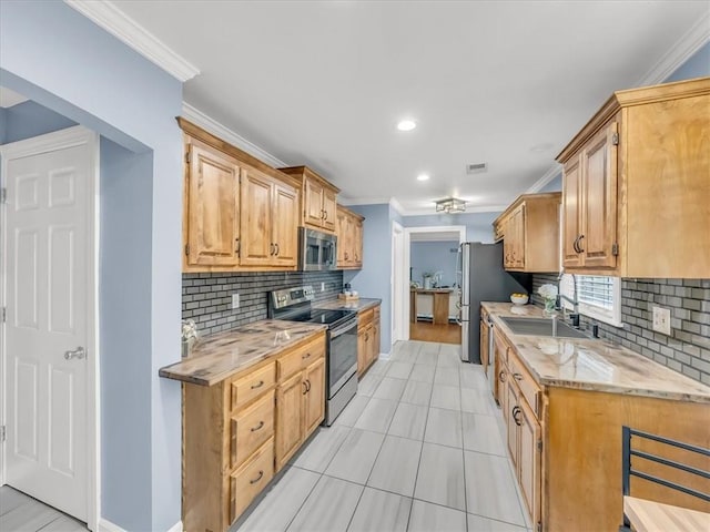 9501 Wornall Rd, Kansas City, MO 64114 - kitchen with decorative backsplash, baseboards, a sink, and appliances with stainless steel finishes
