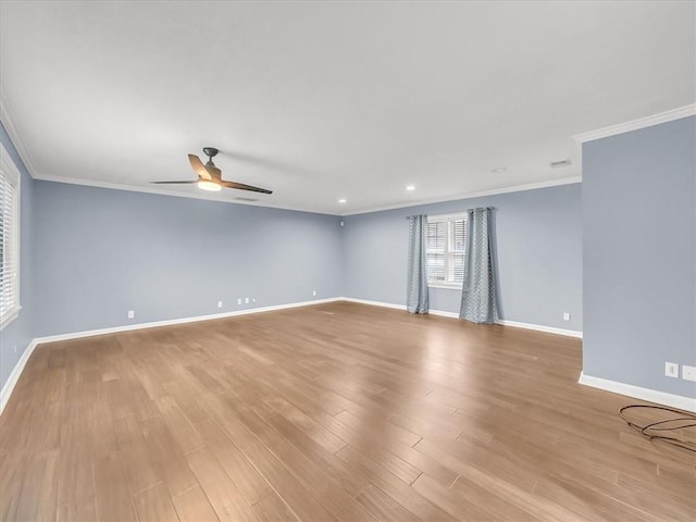 9501 Wornall Rd, Kansas City, MO 64114 - empty room with recessed lighting, a ceiling fan, light wood-style floors, crown molding, and baseboards