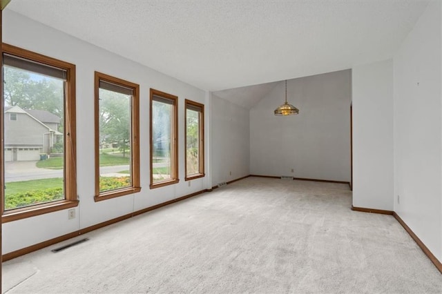 interior space with a textured ceiling, carpet, baseboards, lofted ceiling, and visible vents