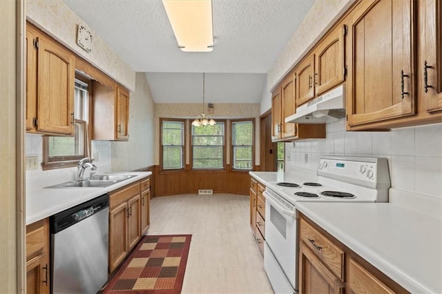 kitchen featuring electric range, a sink, light countertops, stainless steel dishwasher, and under cabinet range hood