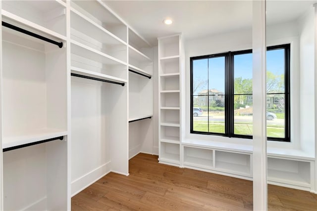 walk in closet with wood finished floors