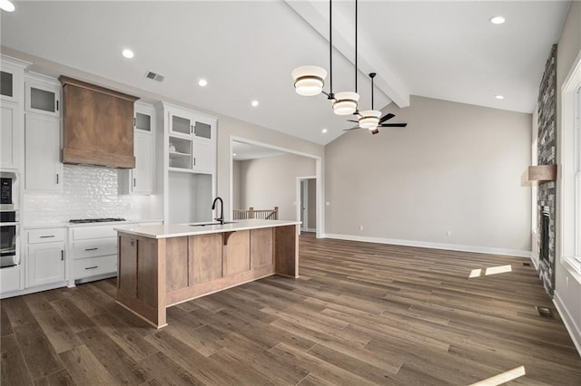 25016 W 89th Ter, Lenexa, KS 66227 - kitchen with appliances with stainless steel finishes, custom exhaust hood, decorative backsplash, dark wood-style floors, and a kitchen island with sink