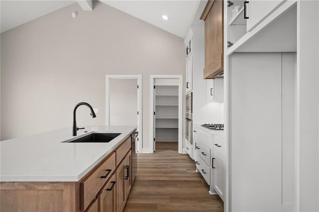 25016 W 89th Ter, Lenexa, KS 66227 - kitchen with dark wood finished floors, stainless steel appliances, light countertops, high vaulted ceiling, and white cabinets