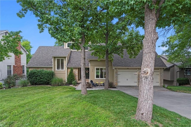 224 NW Locust St, Lees Summit, MO 64064 - view of front of property featuring concrete driveway, a front lawn, roof with shingles, a garage, and stucco siding