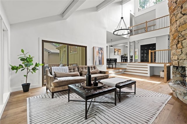224 NW Locust St, Lees Summit, MO 64064 - living area with wood finished floors, a chandelier, high vaulted ceiling, and beamed ceiling