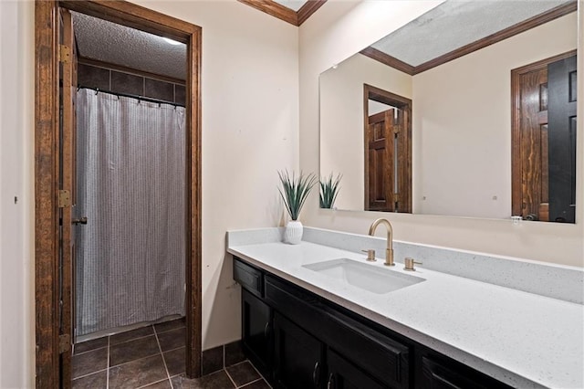 224 NW Locust St, Lees Summit, MO 64064 - full bath with vanity, crown molding, tile patterned floors, and curtained shower