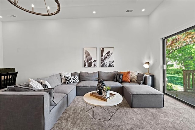 224 NW Locust St, Lees Summit, MO 64064 - living room featuring a chandelier, carpet flooring, recessed lighting, and a high ceiling