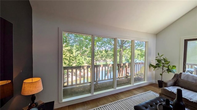 224 NW Locust St, Lees Summit, MO 64064 - entryway featuring vaulted ceiling, wood finished floors, and a water view