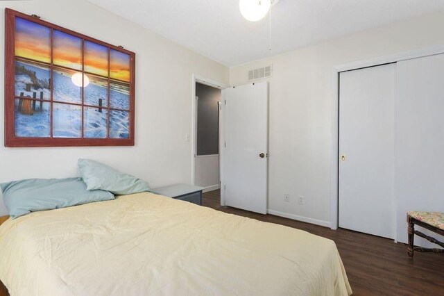 108 Sunrise Ct, Ozawkie, KS 66070 - bedroom featuring dark wood-style floors, baseboards, visible vents, and a closet