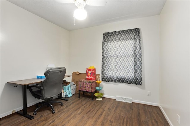 108 Sunrise Ct, Ozawkie, KS 66070 - home office with baseboards, a ceiling fan, wood finished floors, and visible vents