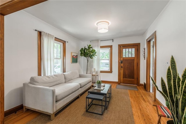 7235 Main St, Kansas City, MO 64114 - living room featuring light wood-style flooring and ornamental molding