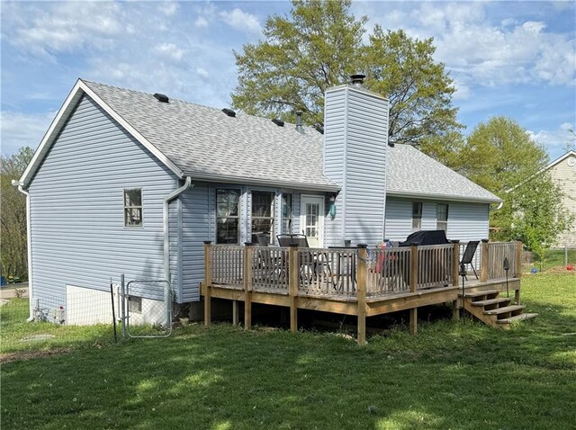 614 SE 145th Rd, Warrensburg, MO 64093 - back of property featuring a lawn, a chimney, a wooden deck, and a shingled roof