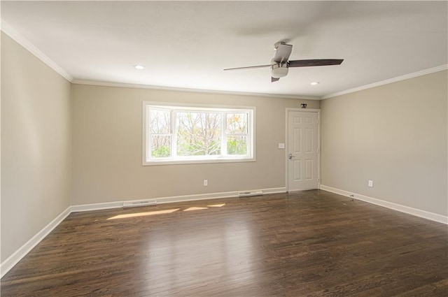 3422 N 71st St, Kansas City, KS 66109 - unfurnished room featuring recessed lighting, a ceiling fan, ornamental molding, dark wood-type flooring, and baseboards
