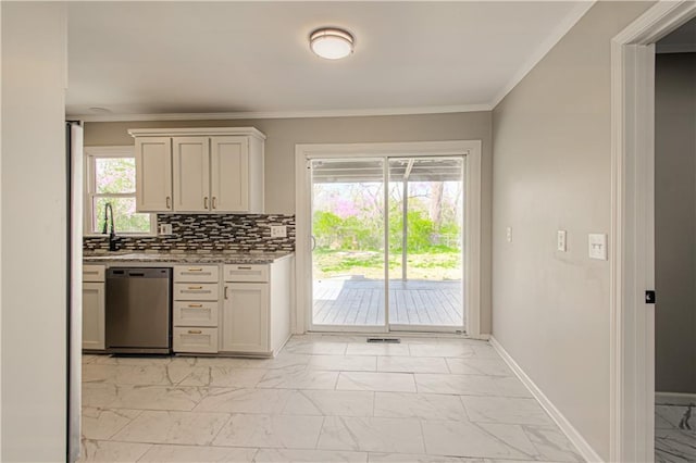 3422 N 71st St, Kansas City, KS 66109 - kitchen featuring tasteful backsplash, baseboards, marble finish floor, light stone counters, and dishwasher