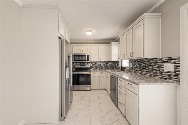 3422 N 71st St, Kansas City, KS 66109 - kitchen featuring stainless steel appliances, a sink, decorative backsplash, marble finish floor, and light stone countertops