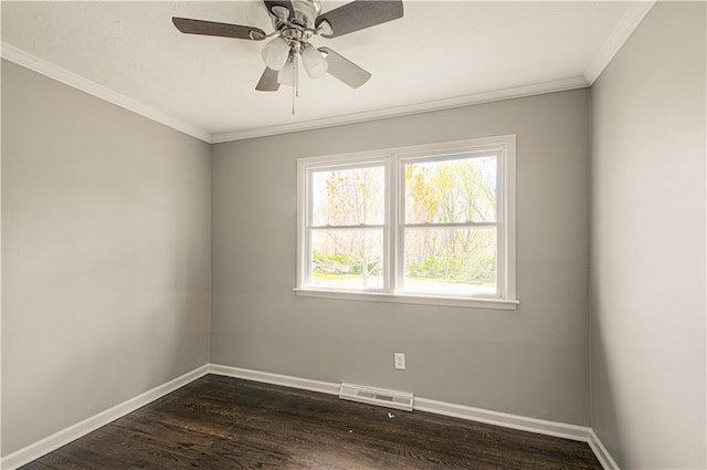3422 N 71st St, Kansas City, KS 66109 - unfurnished room featuring crown molding, a ceiling fan, dark wood finished floors, baseboards, and visible vents