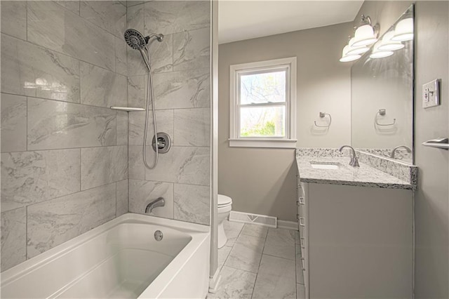 3422 N 71st St, Kansas City, KS 66109 - bathroom featuring toilet, shower / bathing tub combination, visible vents, marble finish floor, and vanity