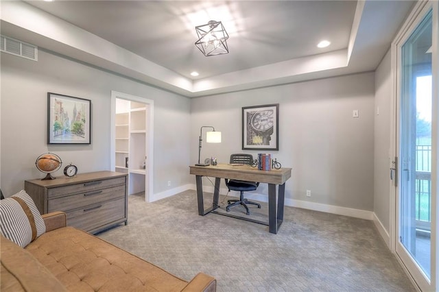 8120 Lone Elm Rd, Lenexa, KS 66220 - office with light colored carpet, a tray ceiling, baseboards, and recessed lighting