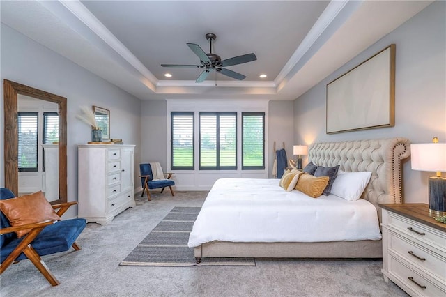 8120 Lone Elm Rd, Lenexa, KS 66220 - bedroom with multiple windows, light carpet, a raised ceiling, recessed lighting, and a ceiling fan