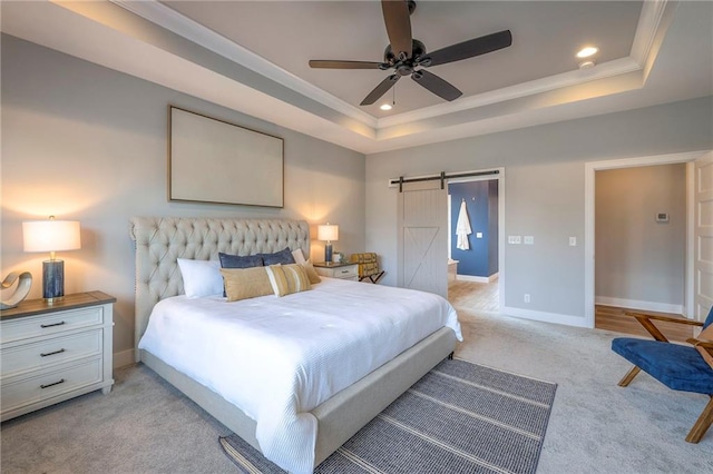 8120 Lone Elm Rd, Lenexa, KS 66220 - bedroom with a barn door, crown molding, light carpet, a raised ceiling, and recessed lighting