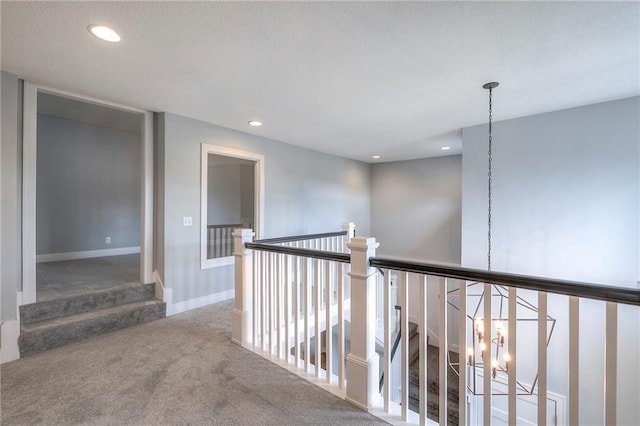 8120 Lone Elm Rd, Lenexa, KS 66220 - corridor with carpet floors, recessed lighting, an upstairs landing, baseboards, and a chandelier