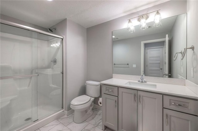 8120 Lone Elm Rd, Lenexa, KS 66220 - full bathroom with toilet, a stall shower, vanity, marble look tile flooring, and a textured ceiling