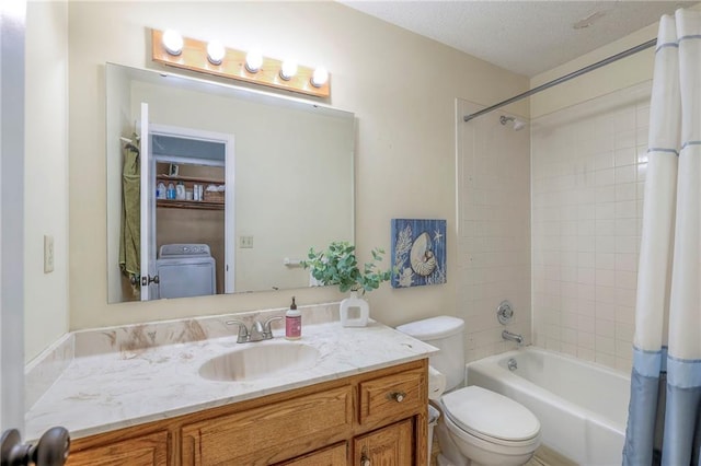 full bathroom with shower / bath combination with curtain, toilet, and vanity
