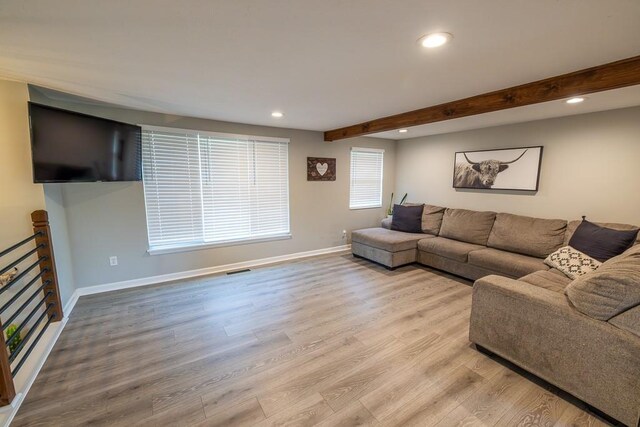20609 NE 161st St, Kearney, MO 64060 - living room featuring beamed ceiling, baseboards, light wood-type flooring, and recessed lighting