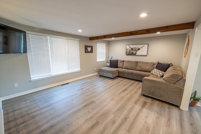 20609 NE 161st St, Kearney, MO 64060 - living room featuring beamed ceiling, recessed lighting, light wood-style flooring, and visible vents