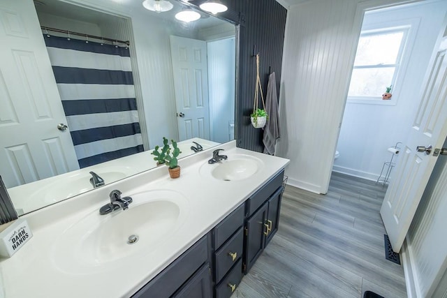 20609 NE 161st St, Kearney, MO 64060 - bathroom featuring double vanity, toilet, a sink, and wood finished floors
