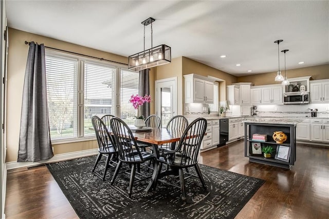 dining area featuring baseboards, recessed lighting, and dark wood-style flooring