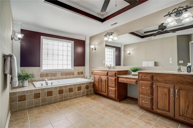 bathroom with crown molding, a ceiling fan, a garden tub, and tile patterned floors