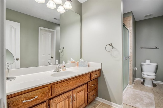 full bathroom featuring visible vents, vanity, toilet, and a shower stall