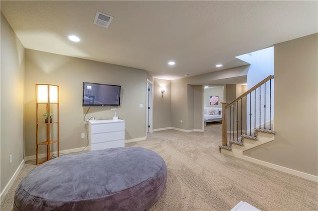 bedroom with recessed lighting, baseboards, visible vents, and light carpet