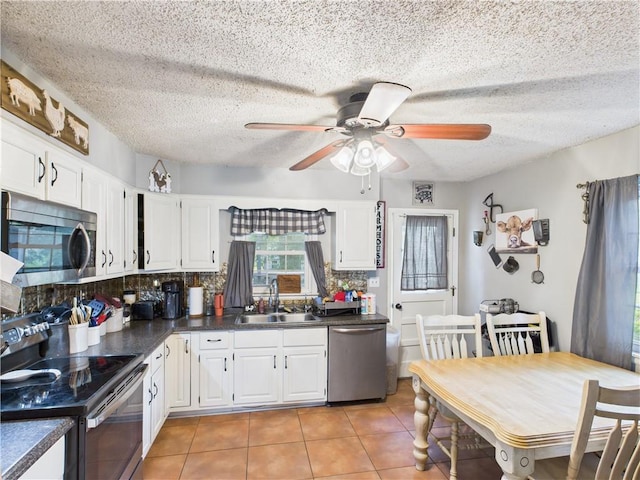305 California Ave, Windsor, MO 65360 - kitchen with appliances with stainless steel finishes, a sink, healthy amount of natural light, a ceiling fan, and a textured ceiling