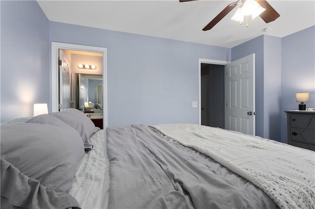 bedroom with a ceiling fan and ensuite bathroom
