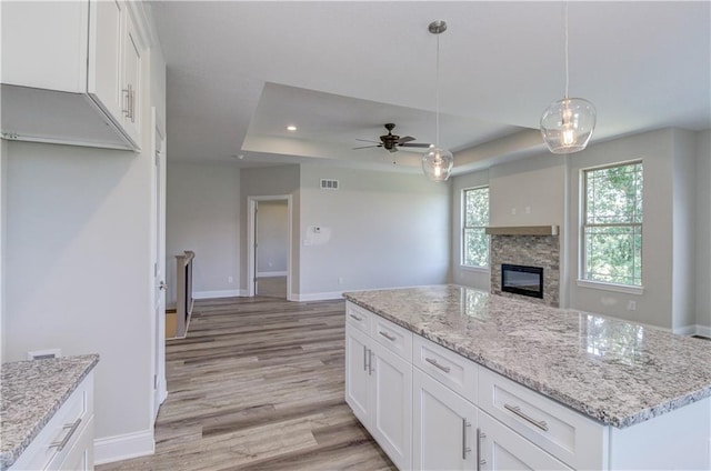 1828 N 92nd Ter, Kansas City, KS 66112 - kitchen featuring light wood finished floors, baseboards, visible vents, and a raised ceiling