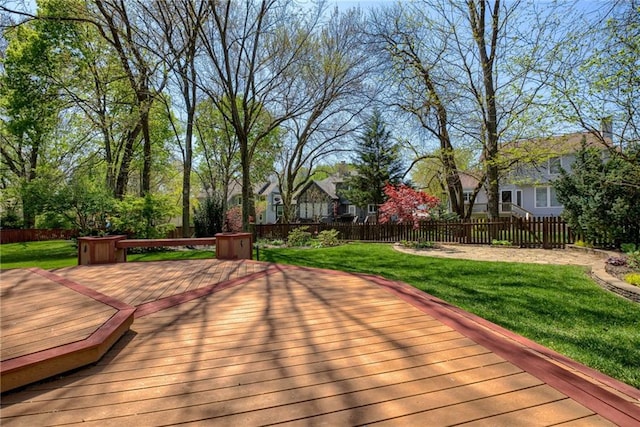 wooden terrace with a fenced backyard and a yard