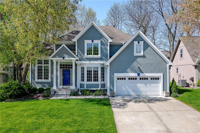 view of front of house featuring central air condition unit, concrete driveway, stucco siding, a front yard, and a garage