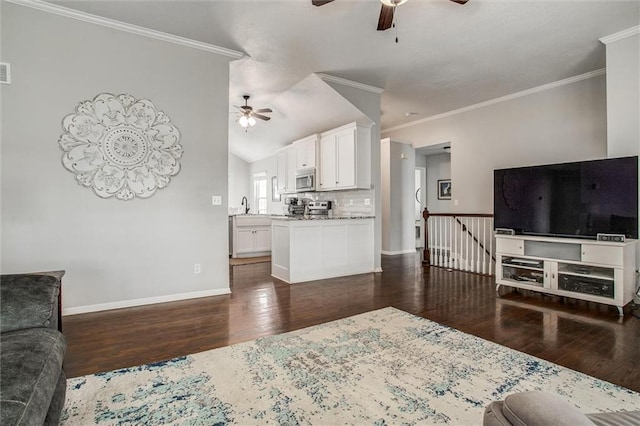 3204 SW Alice Ln, Lees Summit, MO 64082 - living area featuring baseboards, ceiling fan, dark wood-style floors, and ornamental molding
