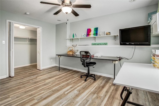 3204 SW Alice Ln, Lees Summit, MO 64082 - home office featuring baseboards, a ceiling fan, and light wood-style flooring