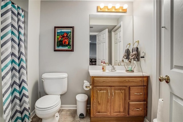 3204 SW Alice Ln, Lees Summit, MO 64082 - full bathroom with vanity, toilet, tile patterned floors, baseboards, and a shower with curtain