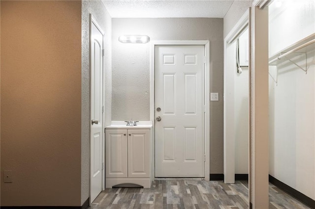 entryway with a sink, a textured wall, and wood finished floors