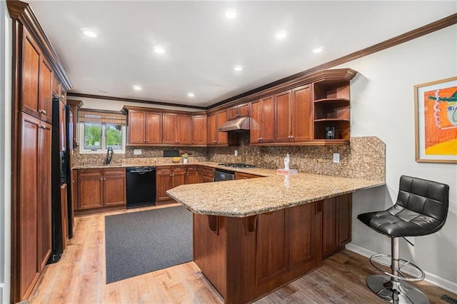 kitchen featuring open shelves, dishwasher, a peninsula, ornamental molding, and under cabinet range hood