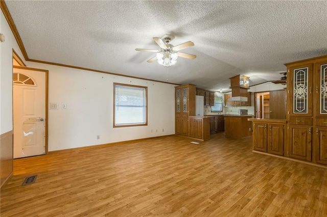 20 SE E Hwy, Trenton, MO 64683 - kitchen featuring ceiling fan, a textured ceiling, visible vents, and light wood-type flooring