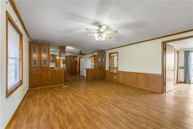 20 SE E Hwy, Trenton, MO 64683 - unfurnished living room featuring a ceiling fan, ornamental molding, light wood-type flooring, wainscoting, and a textured ceiling