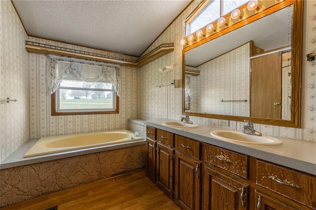 20 SE E Hwy, Trenton, MO 64683 - full bath featuring a garden tub, wood finished floors, a sink, and a textured ceiling