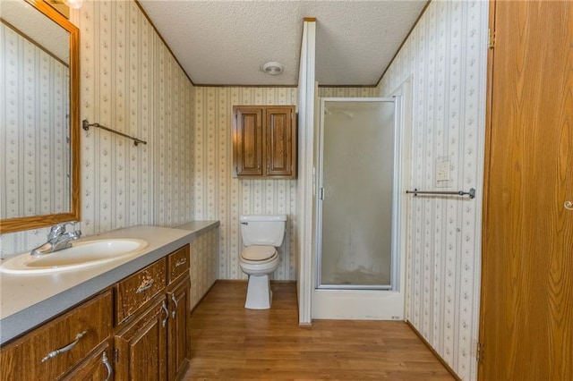 20 SE E Hwy, Trenton, MO 64683 - bathroom featuring a shower stall, wood finished floors, toilet, vanity, and a textured ceiling